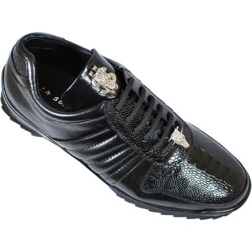 La Scarpa "Hermes" Black Genuine Ostrich And Nappa Leather Casual Sneakers With Silver Alligator On Front 33599 / 6892